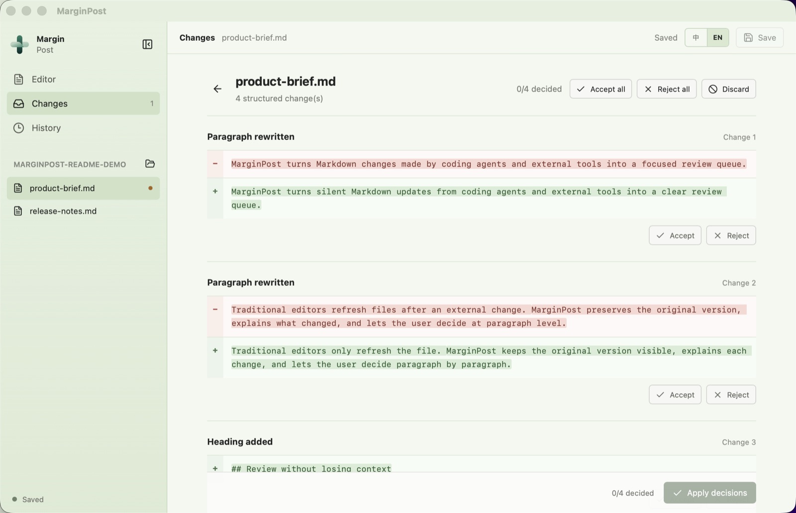 MarginPost review screen showing four paragraph-level changes with Accept and Reject buttons