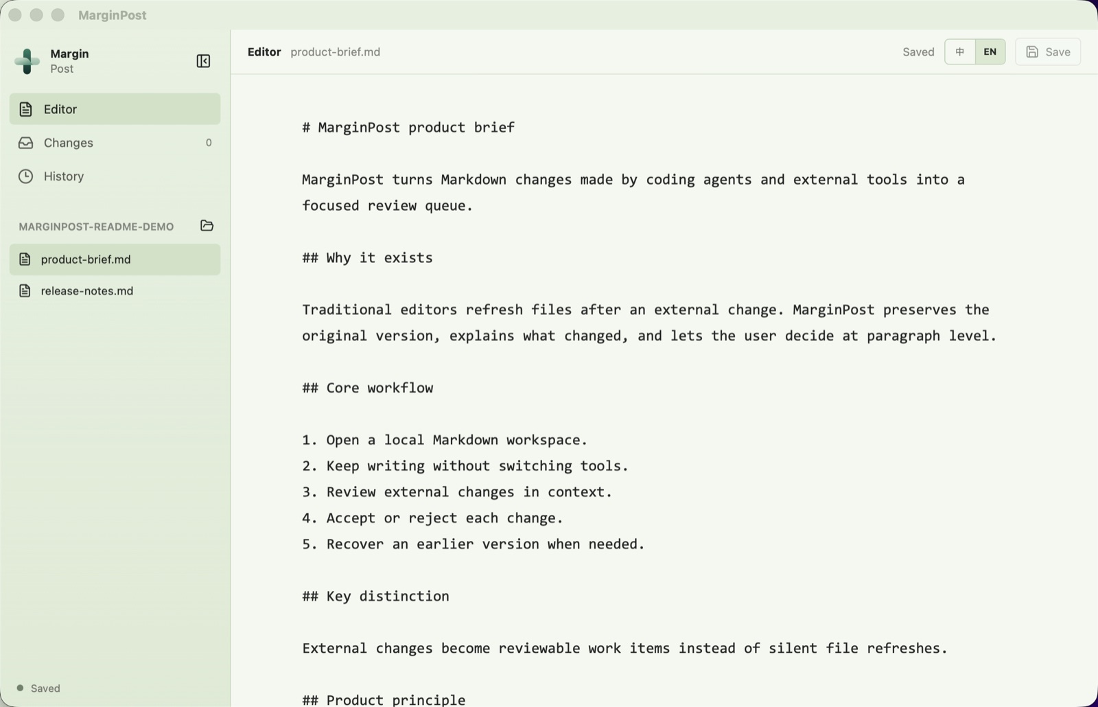 MarginPost Markdown editor with a file list and Changes counter