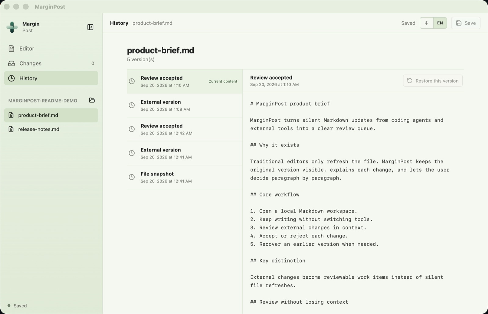 MarginPost version history timeline with compare and restore